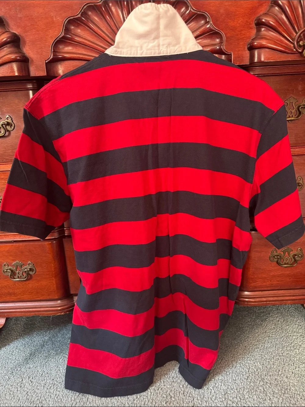 J. Crew Red and Black Striped Rugby Polo with White Collar